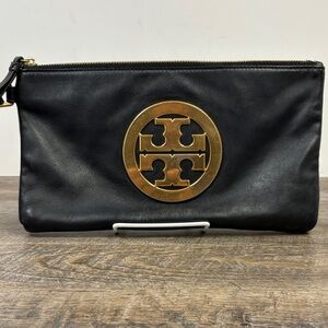 Tory Burch Black Leather Reva Logo Wristlet Clutch